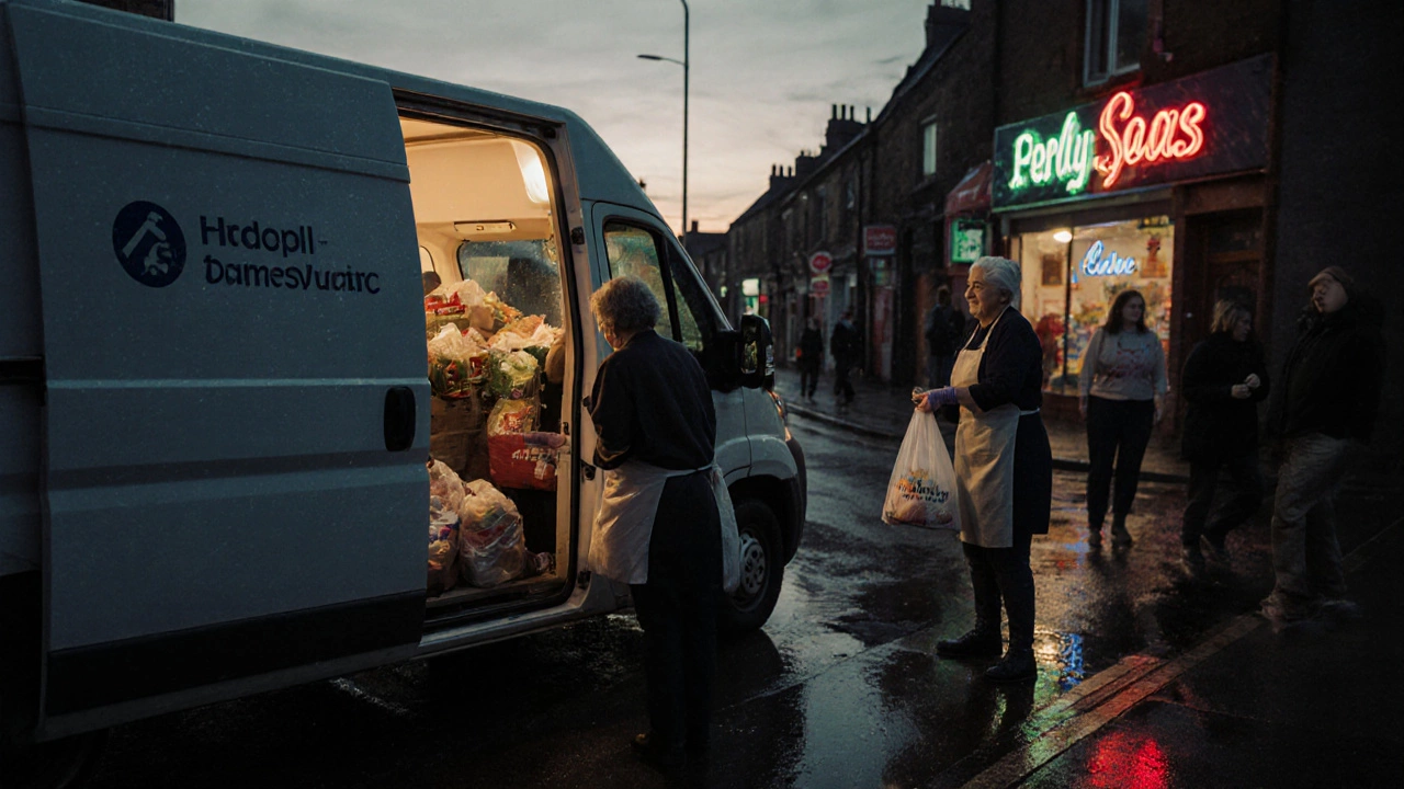 A mobile food van distributing groceries to residents on a Glasgow street at dusk.