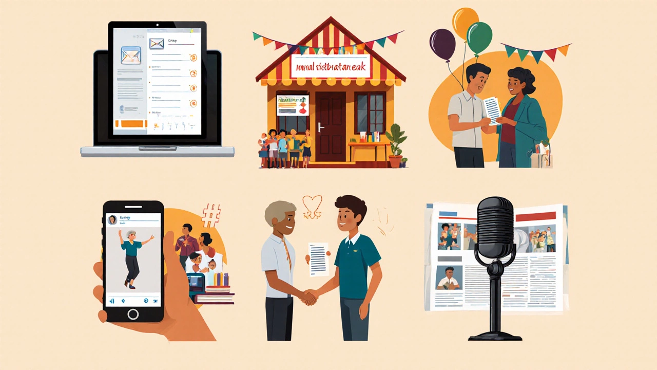 Collage illustrating six outreach methods: digital, door‑to‑door, event, partnership, social media, and local media.