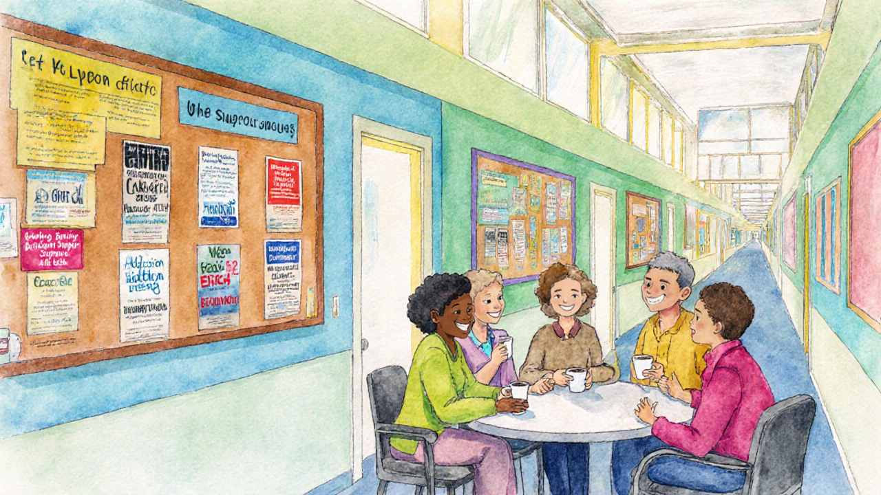 Community center hallway with bulletin board of support group flyers and a small group chatting.