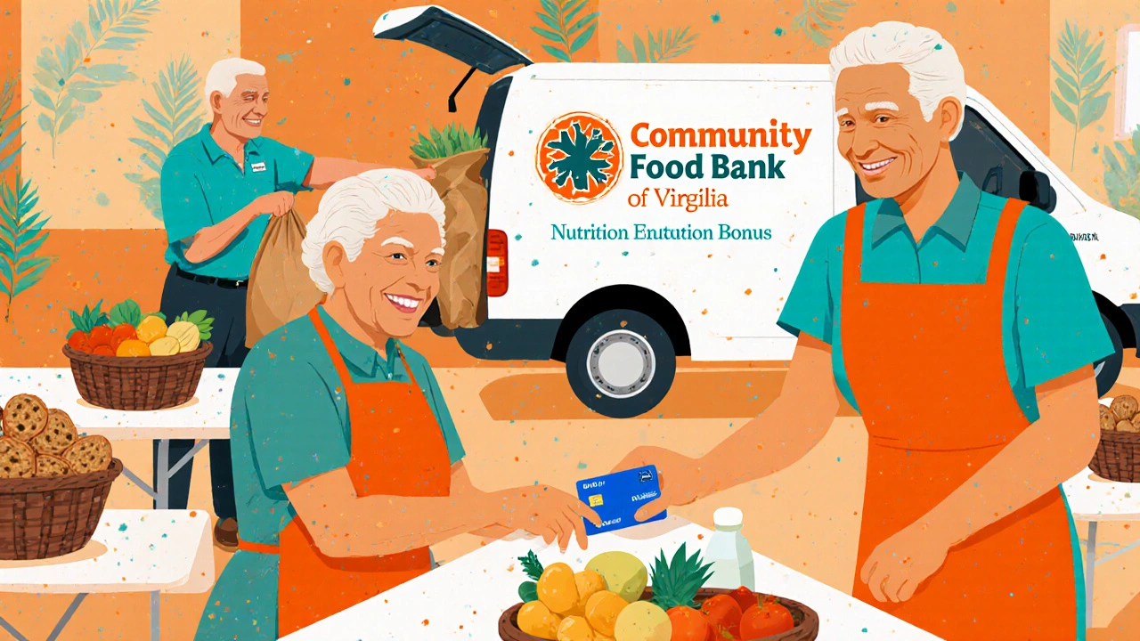 Community nutrition workshop showing seniors using contactless EBT cards and receiving groceries.