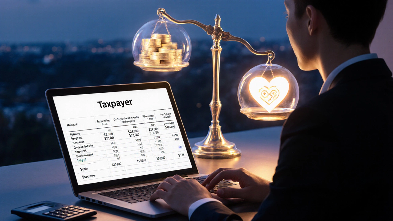 Digital art of a taxpayer at a desk with calculator, spreadsheet, and a scale balancing money and a heart.
