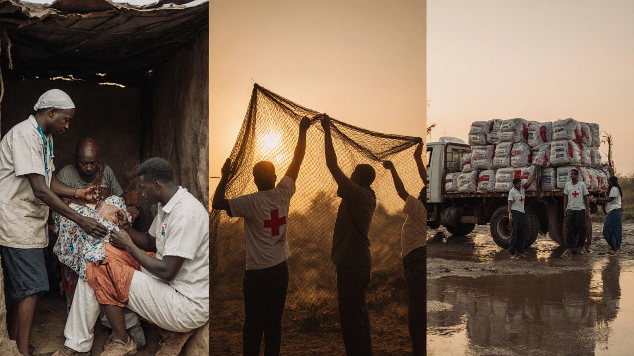 Doctors Without Borders, anti‑malaria net distribution, and Red Cross relief work shown together.