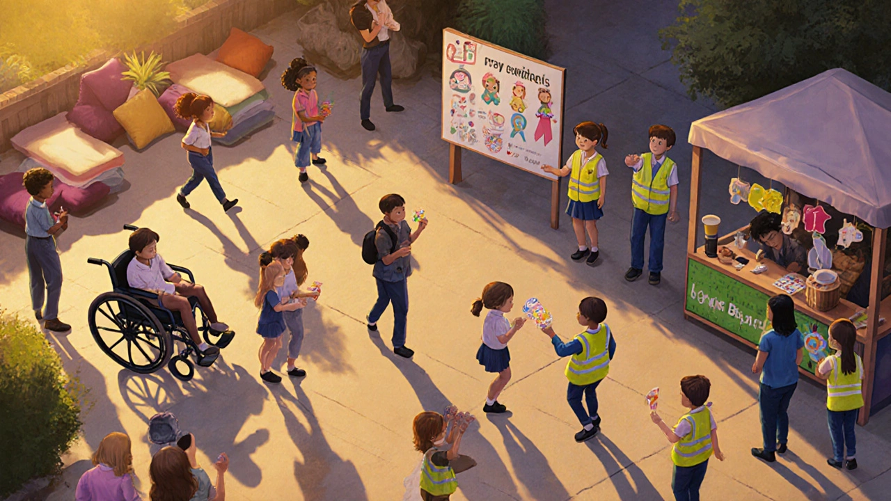 Evening inclusive fun day scene with quiet lounge, green corner, and volunteers.
