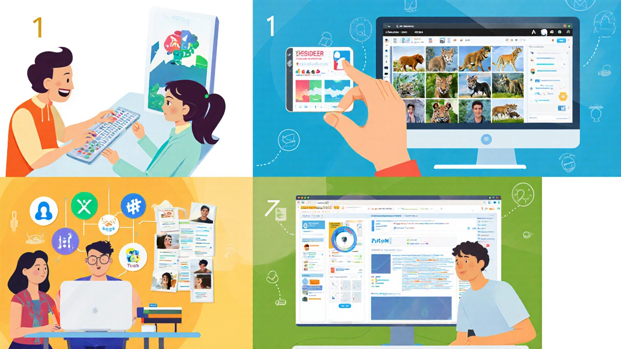 Five illustrated panels showing design work, photo tagging, mentorship video call, collaboration boards, and advocacy post.