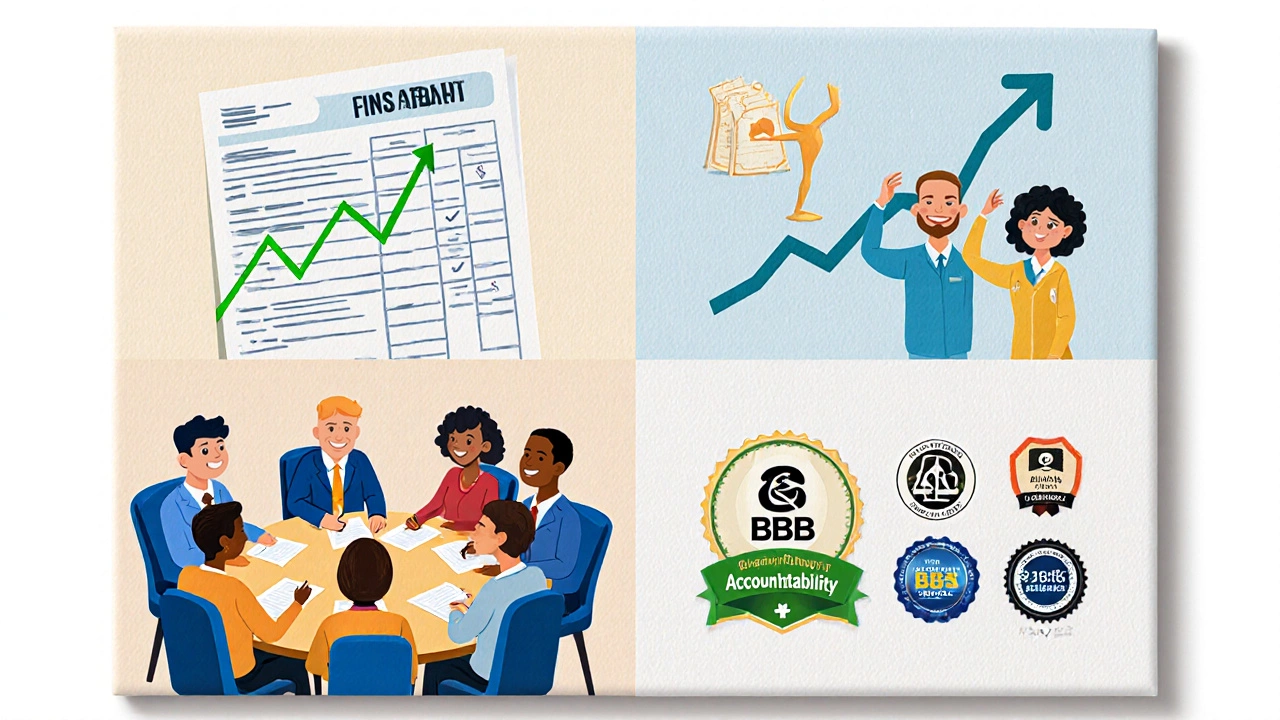 Four visual symbols representing financial transparency, impact, governance, and rating agencies.