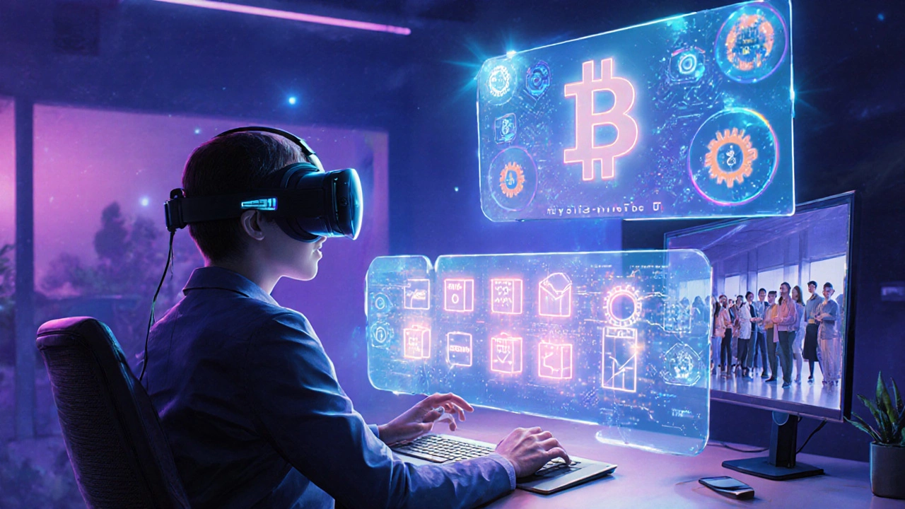 Futuristic home office with VR headset, holographic AI matching, blockchain ledger, and VR community scene.