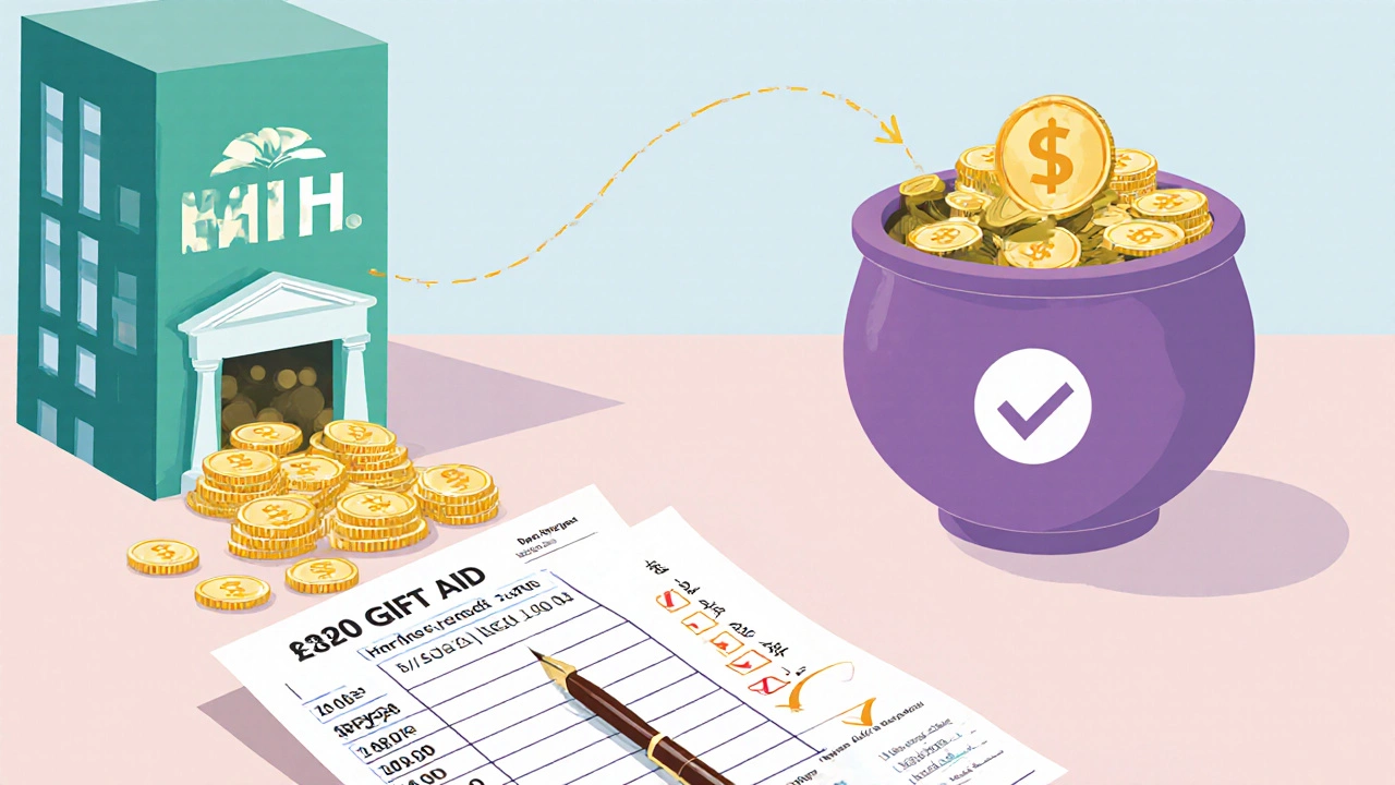Illustration of Gift Aid flow showing HMRC sending coins to a charity pot beside a ledger and receipt.