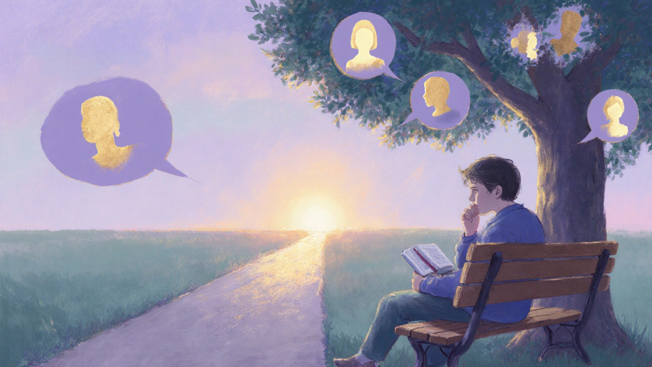 Individual reflecting on a park bench after first support group meeting, journal in hand.