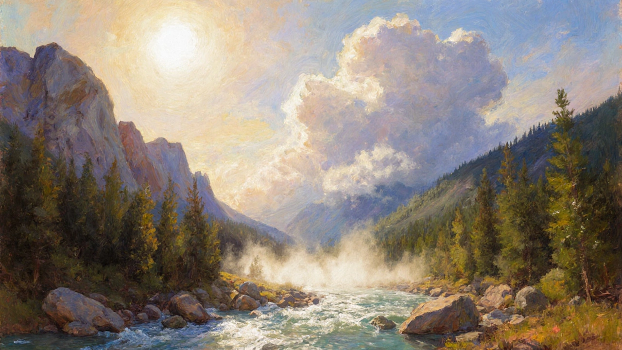 Landscape with mountains, forest, river, clouds showing water and nutrient cycles.