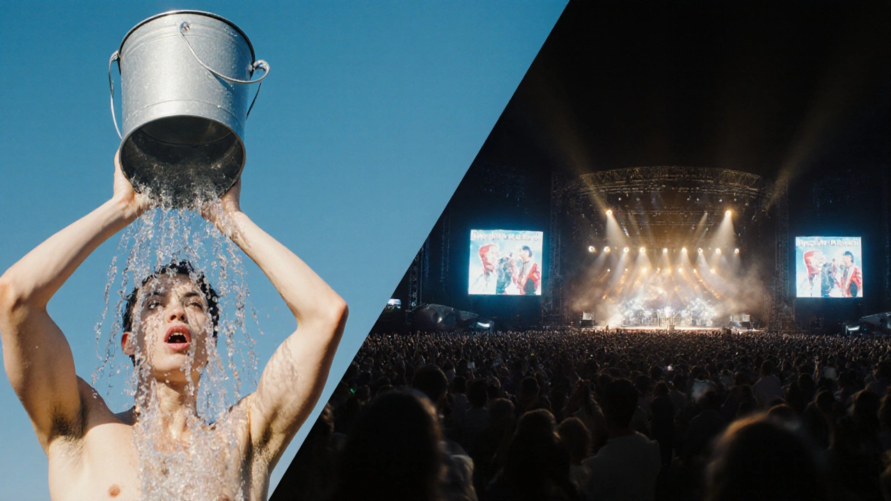 Left: person pouring ice water, right: Live Aid concert with musicians and crowds.