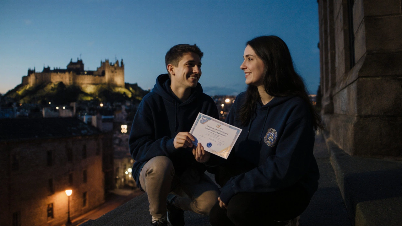 Mentor and teen celebrating with a certificate on Edinburgh steps.