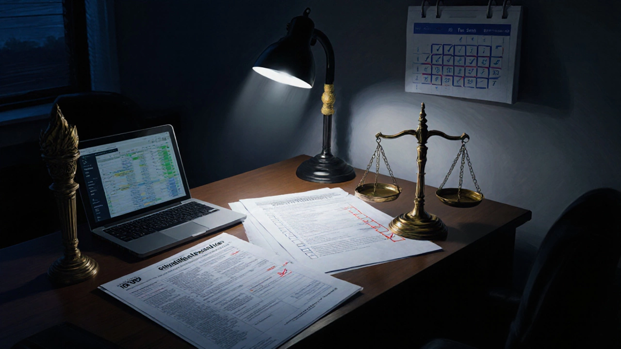 Nighttime office with tax forms, checklist, calendar, and a balanced justice scale beside a protective light shield.