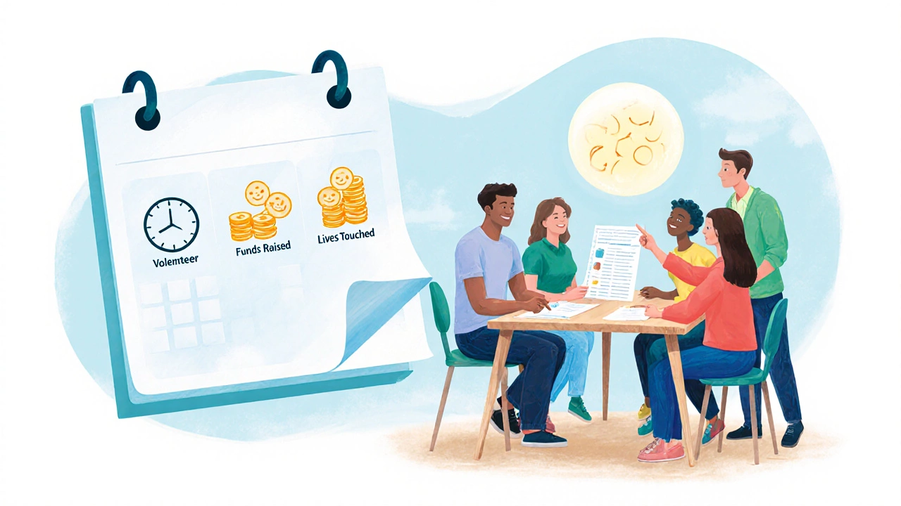 Pastel illustration showing icons of hours, money, and smiles as volunteers review impact results.