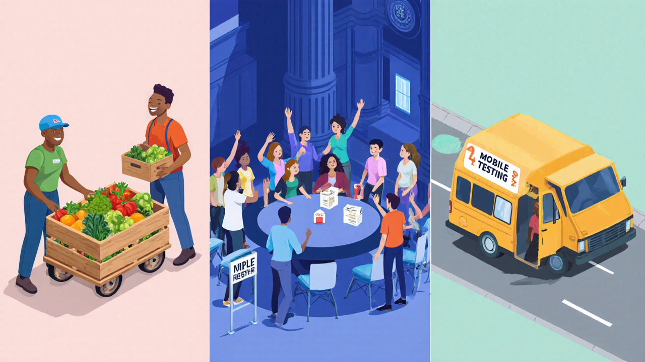 Scene showing produce distribution, council budget approval, and a mobile health testing van.