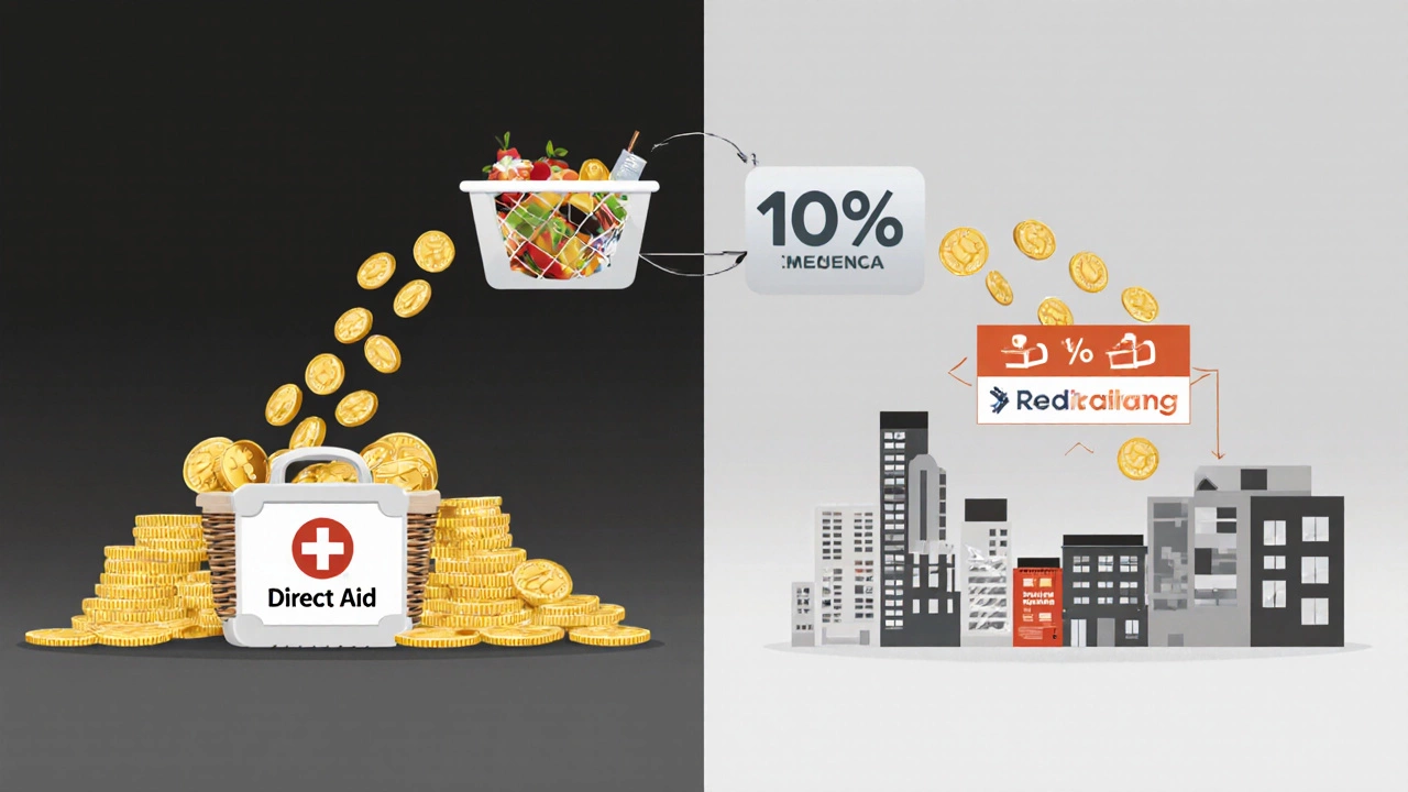 Split visual showing most donations going to aid versus overhead costs