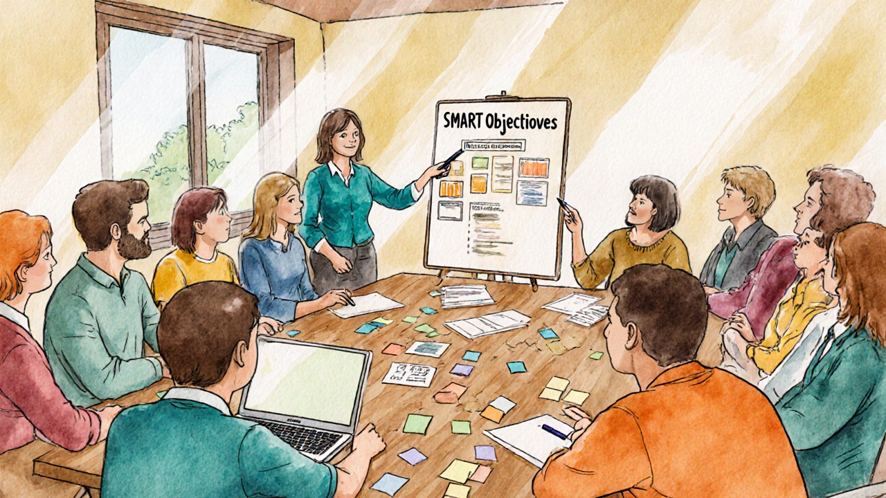 Stakeholders planning outreach goals around a table with sticky notes.