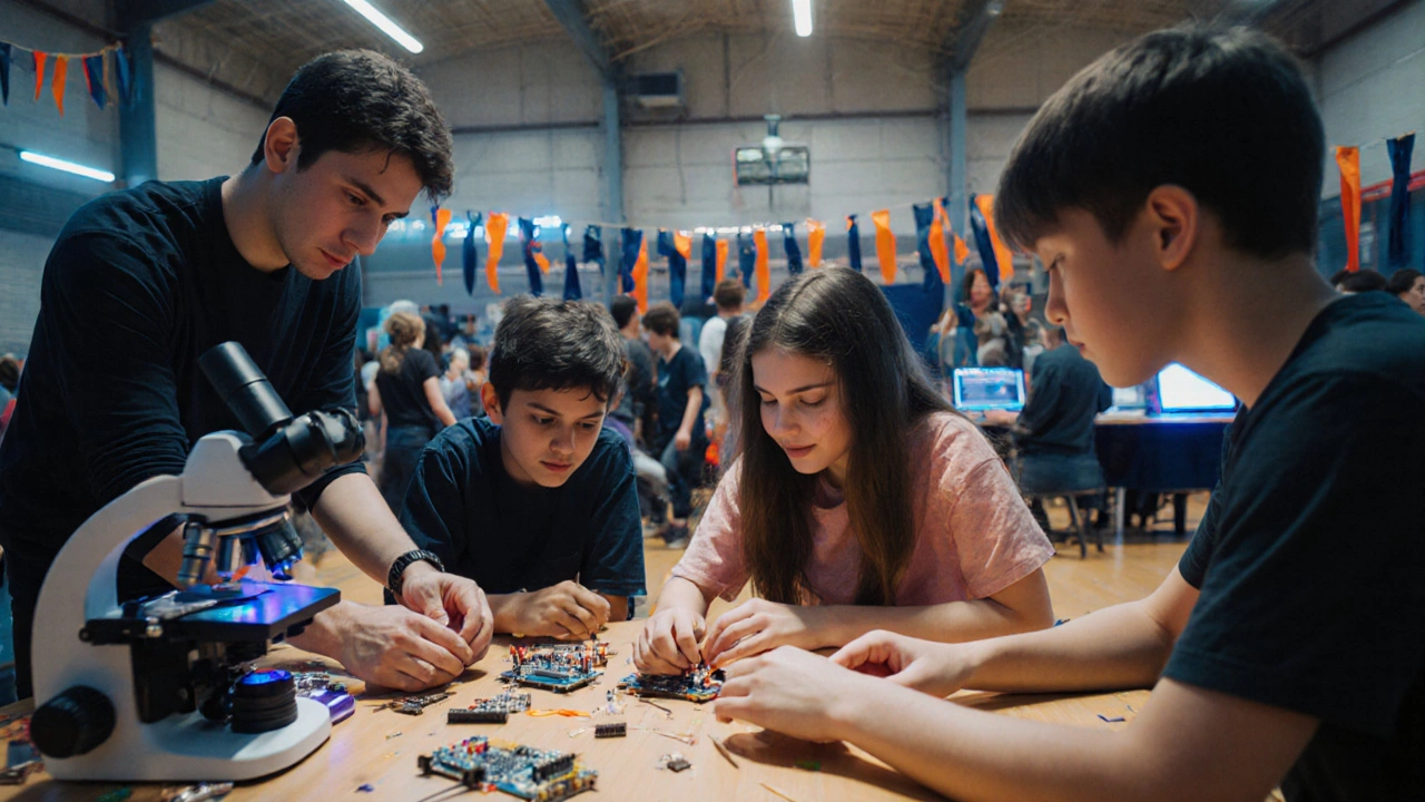 Students building a robot, using microscopes, and coding at a STEM week event.