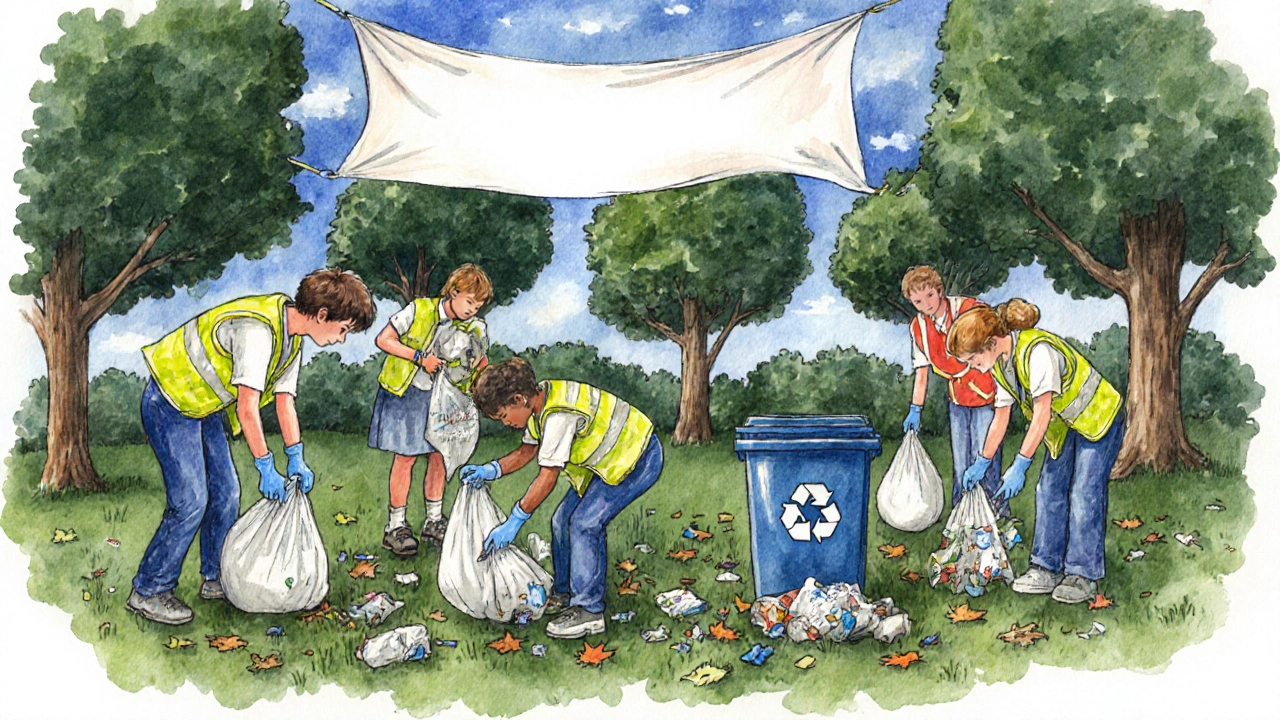Teenagers in gloves collect litter in a park during an environmental cleanup.