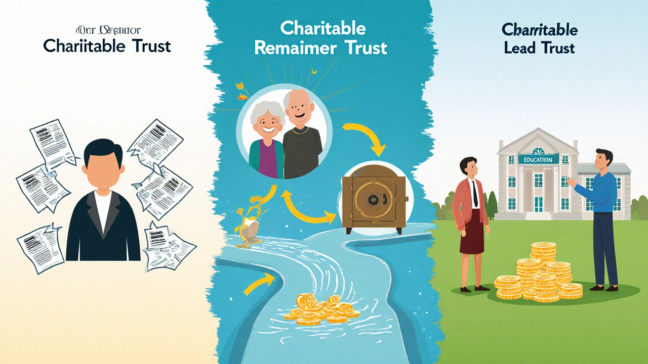 Three panels illustrate Grantor Trust, Charitable Remainder Trust, and Charitable Lead Trust with flowing money streams.
