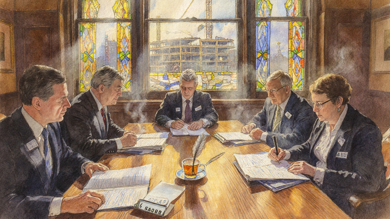 Trustees reviewing documents at a table, sunlight through stained glass, hinting at community work.