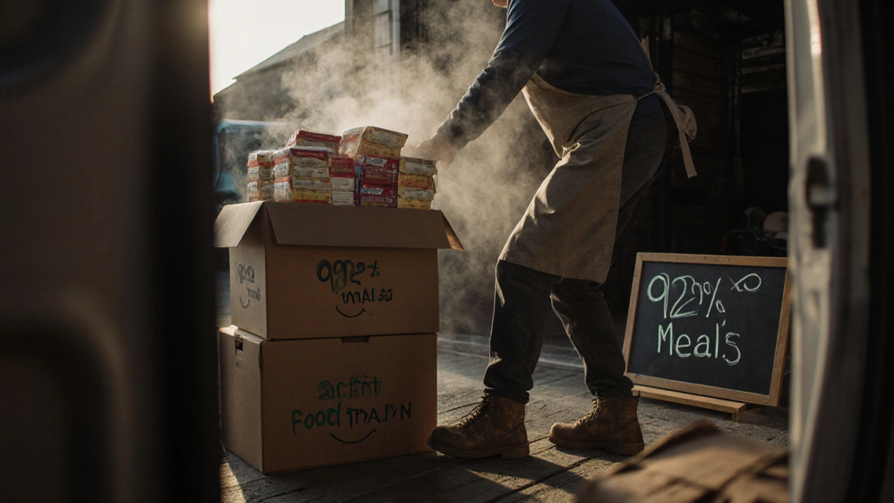 Volunteer loading meals into van for elderly recipients with charity sign in background