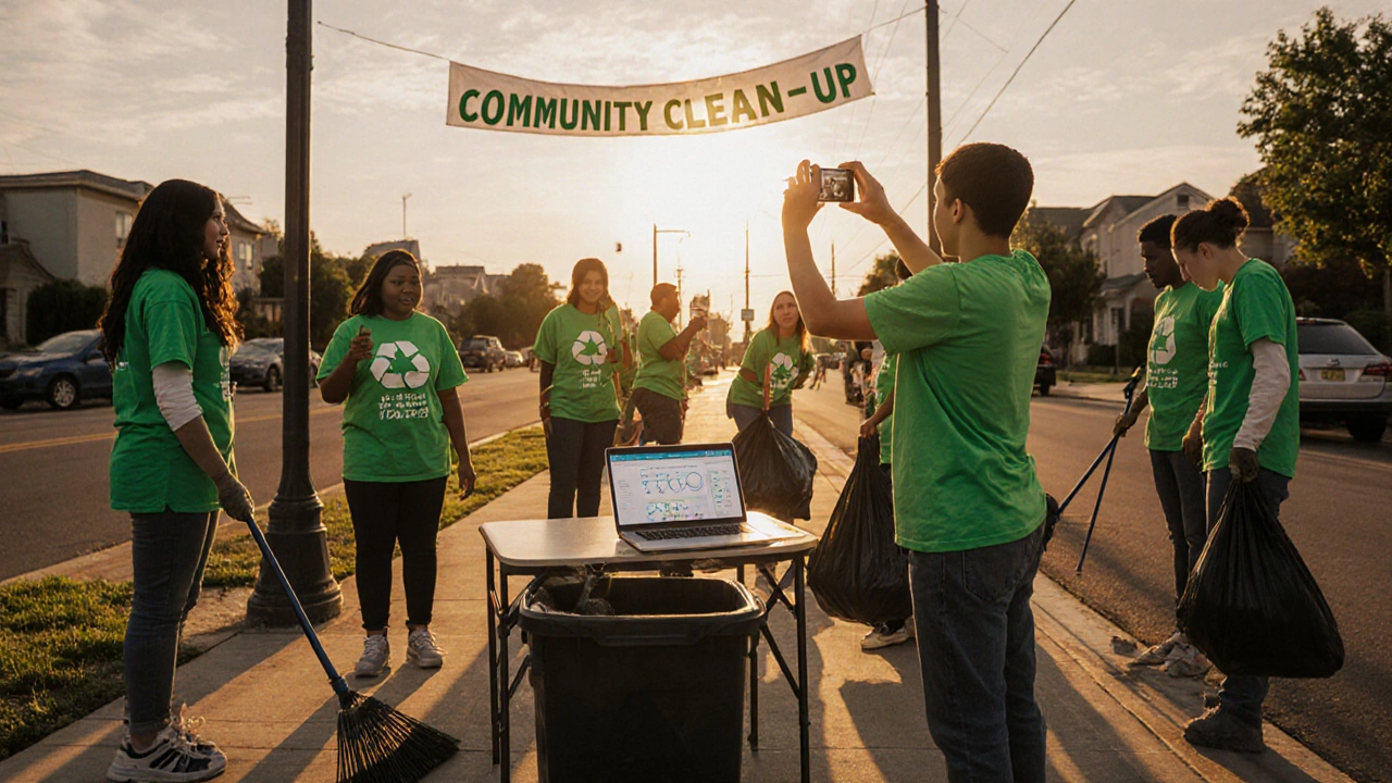 Volunteers clean a street while a phone records a dance video during a community event.