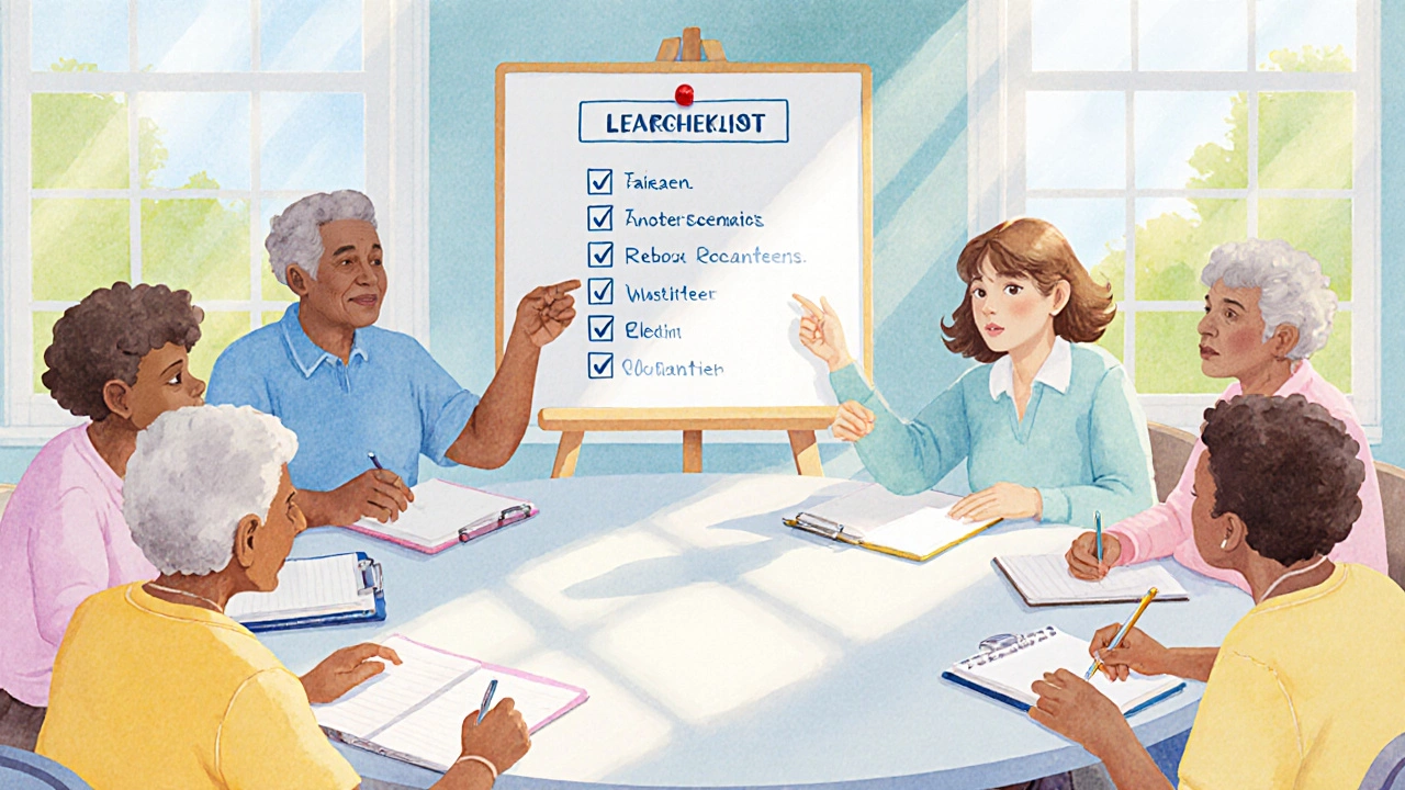 Volunteers gather around a table reviewing a checklist for a charity project.