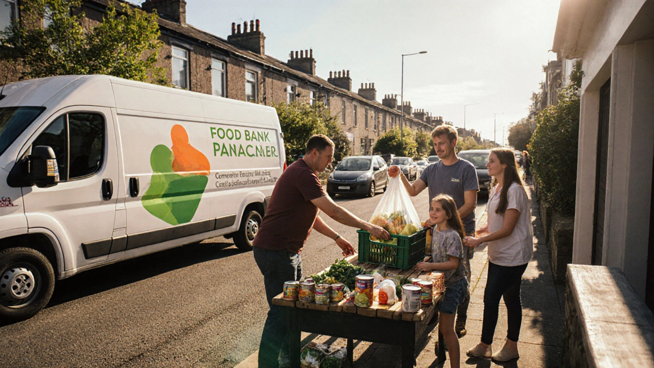 Volunteers load a van and deliver food parcels to a family in a suburb.