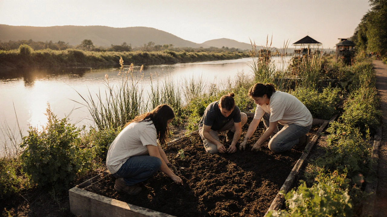 Volunteers planting a riverbank garden with soil, water, plants, and pollinator habitats.