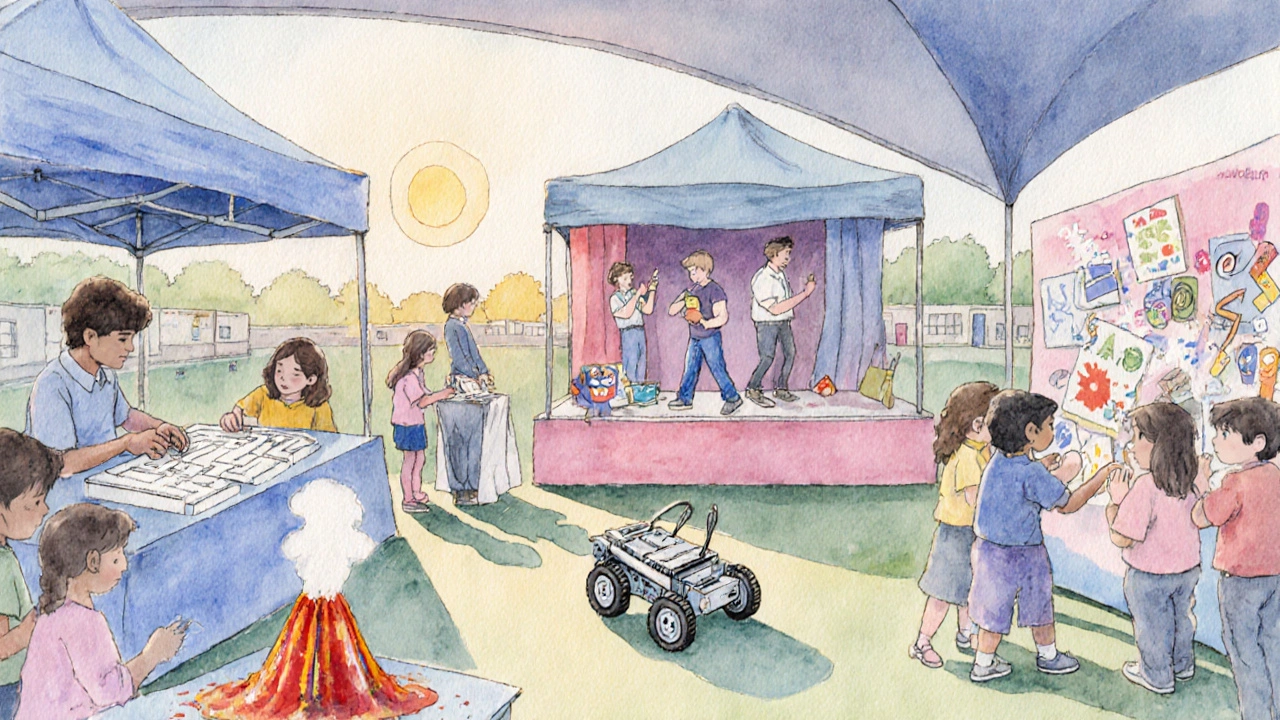 Watercolor club booths with robotics, drama, art wall, and science demo.