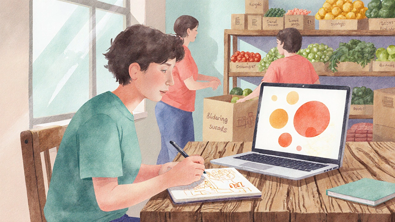 Watercolor illustration of a graphic designer creating flyers while volunteers sort food donations.