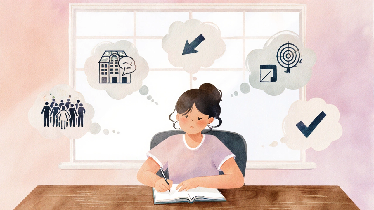 Writer at a desk with thought bubbles outlining sentence‑building steps.