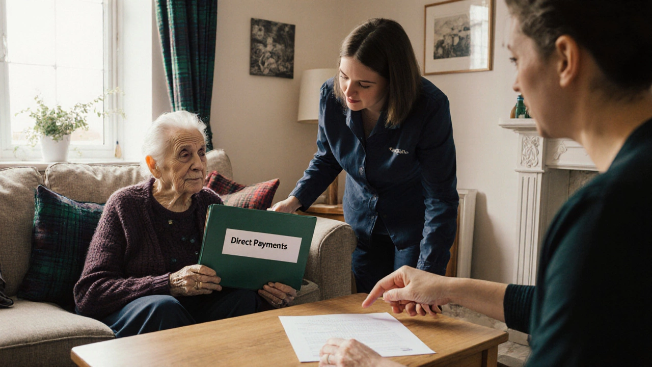 A caregiver and social worker discussing Direct Payments in a home setting with official documents.