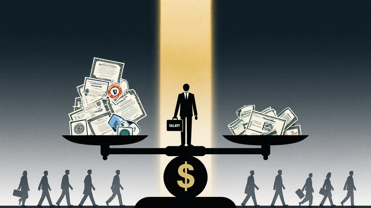 A scale tipping under donor paperwork vs. a lone worker holding a salary briefcase, with others walking away in the background.