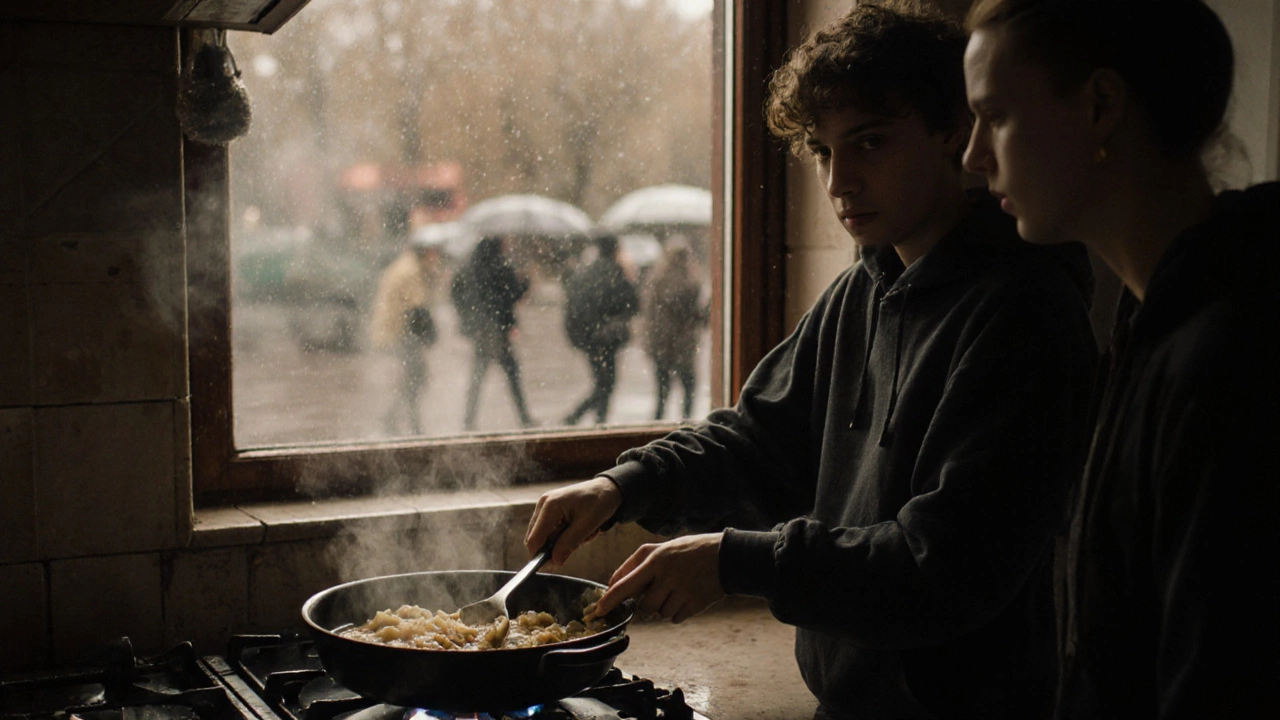 A teenager stirs soup with a volunteer in a Glasgow youth center kitchen, steam rising in the rainy afternoon light.