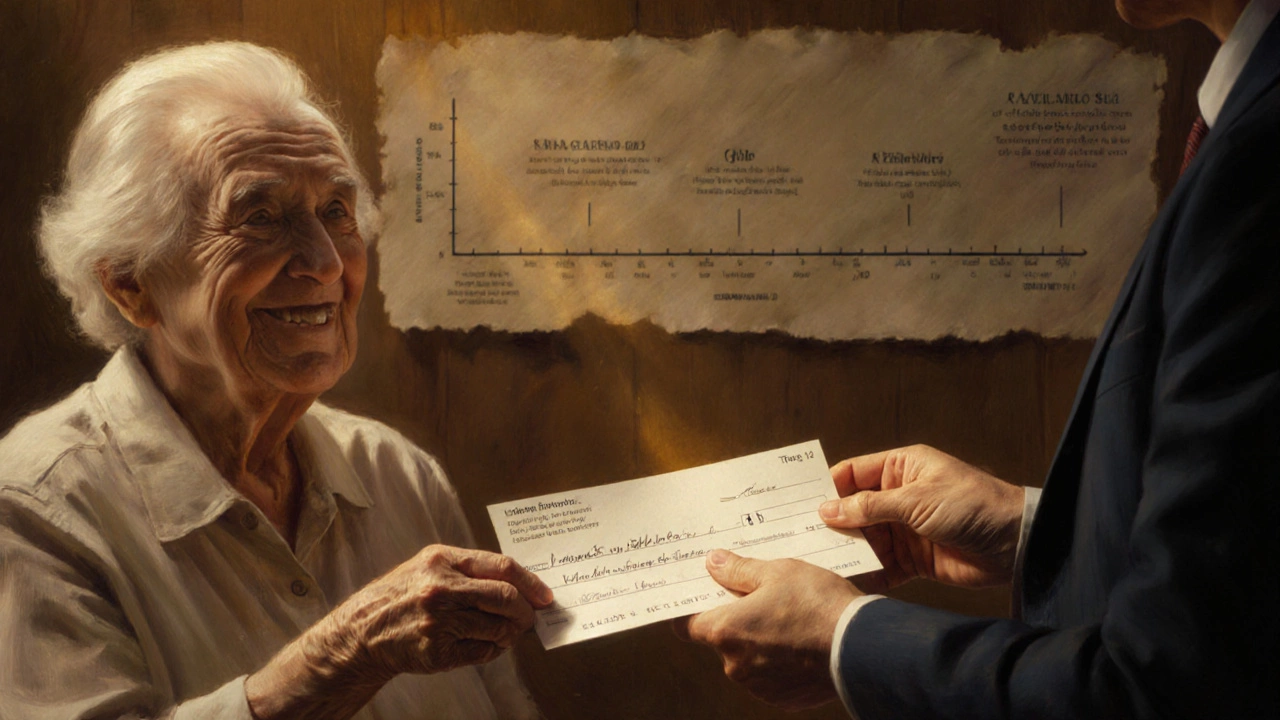 A trustee handing a final charitable donation check to a nonprofit representative after a donor&#039;s passing.