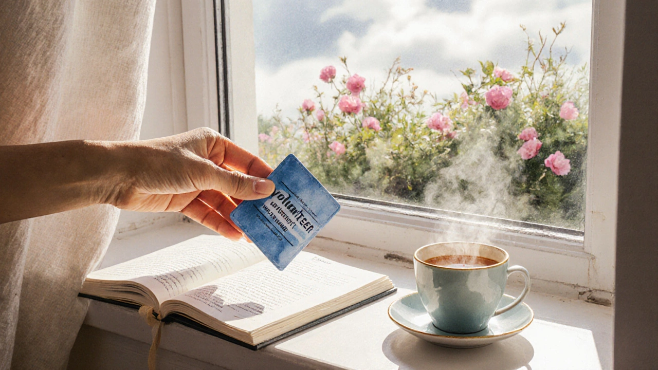 A volunteer badge placed on a windowsill beside tea and an open journal, sunlight streaming in.