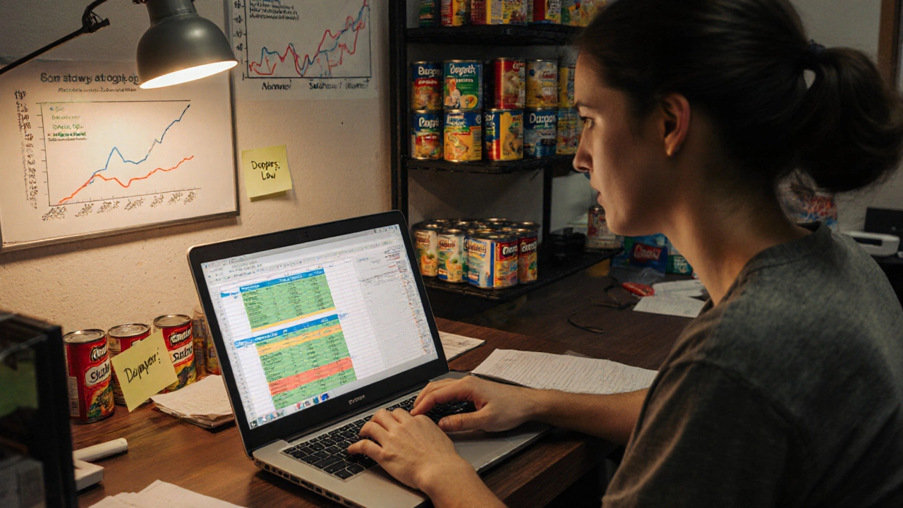 A volunteer manages donation spreadsheets on an old laptop in a cluttered food bank office.