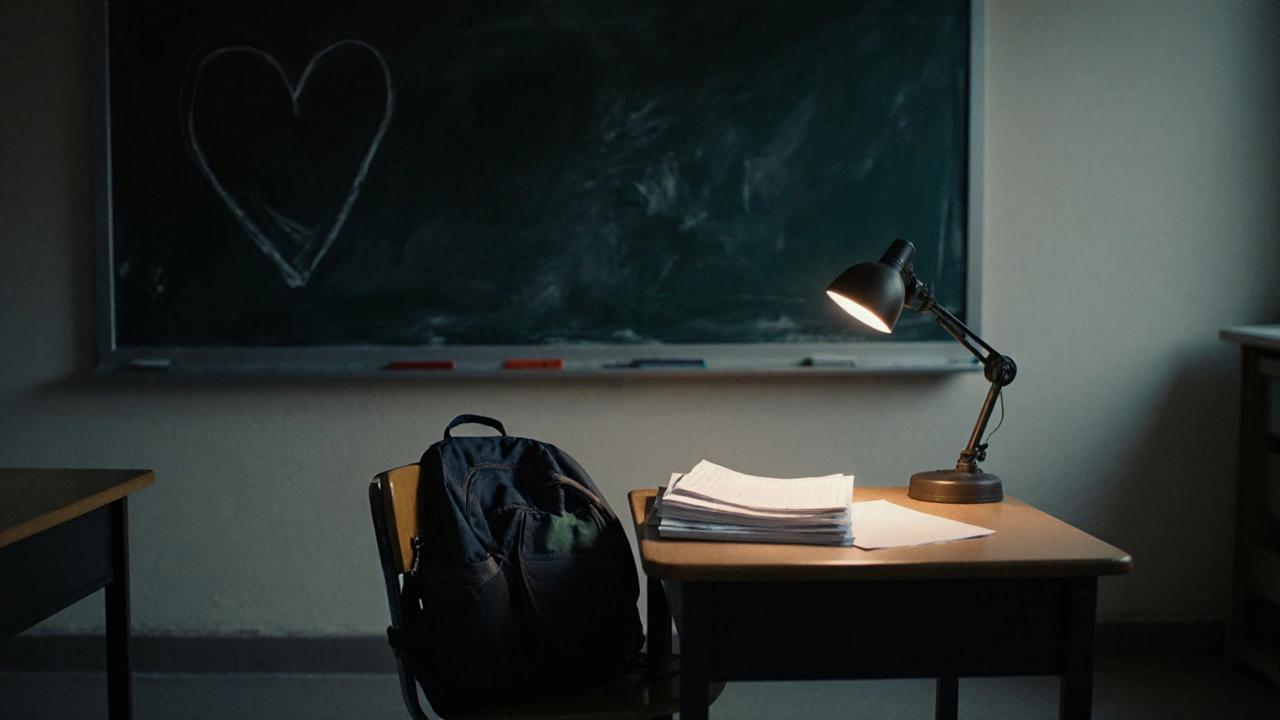 An empty classroom after hours, with a child&#039;s drawing on the board and ungraded papers on a desk.