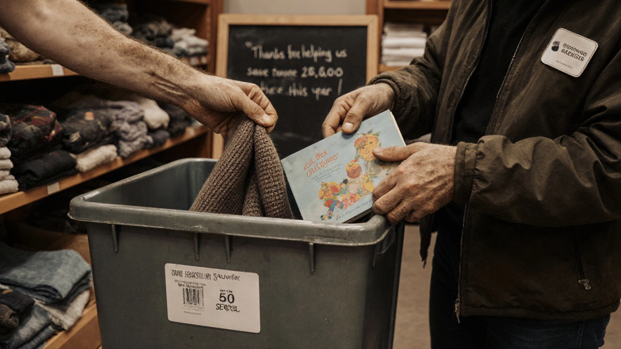 Close-up of hands sorting donations in a charity shop, with a volunteer badge and chalkboard sign visible.