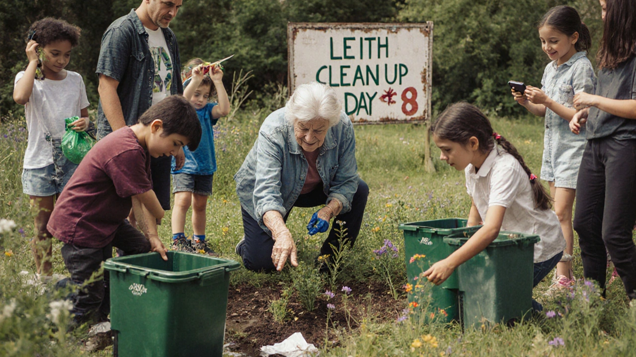 Diverse neighbors planting flowers and cleaning a stream together in a community park.