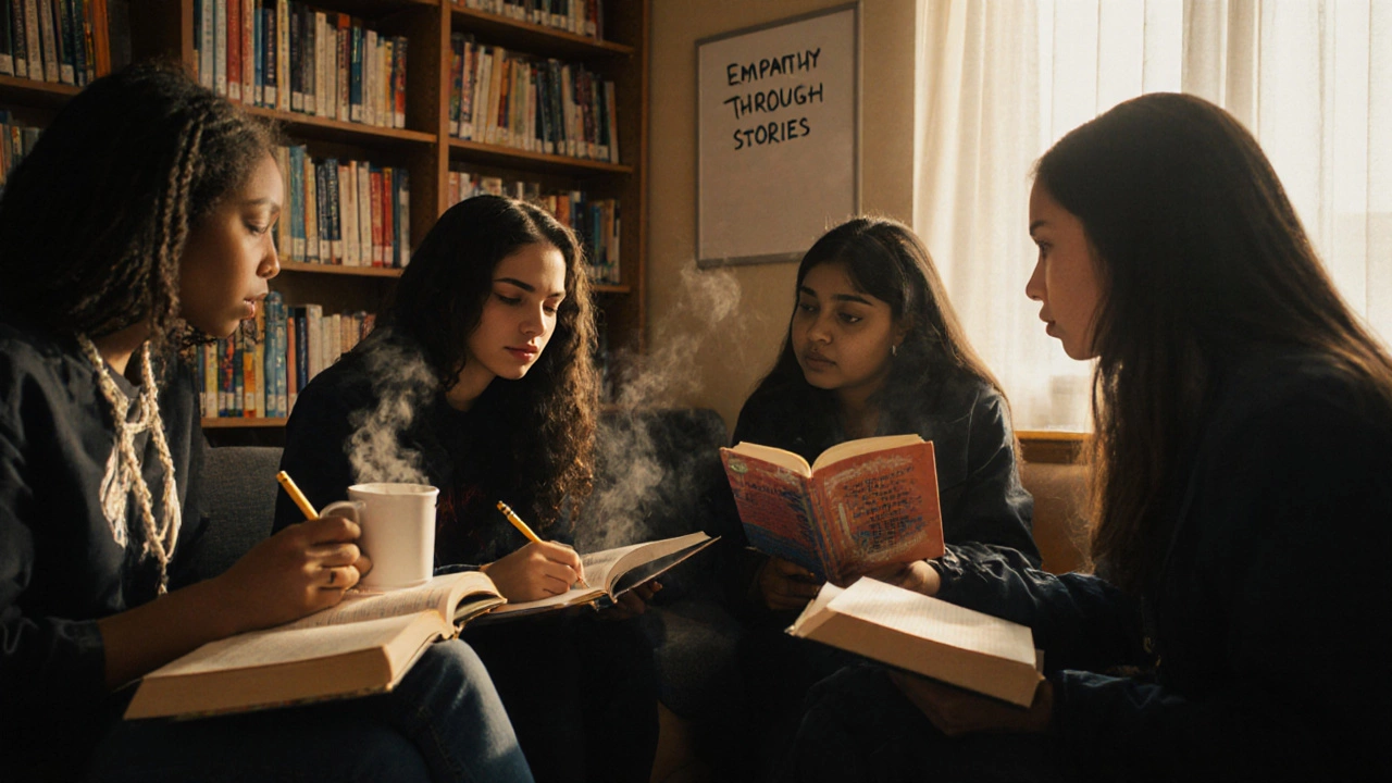 Diverse students in a library discussing books during an after-school book club meeting.