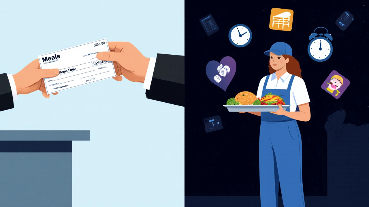 Donor giving money labeled &#039;Meals Only&#039; while a worker holds a single meal, surrounded by symbols of financial stress.