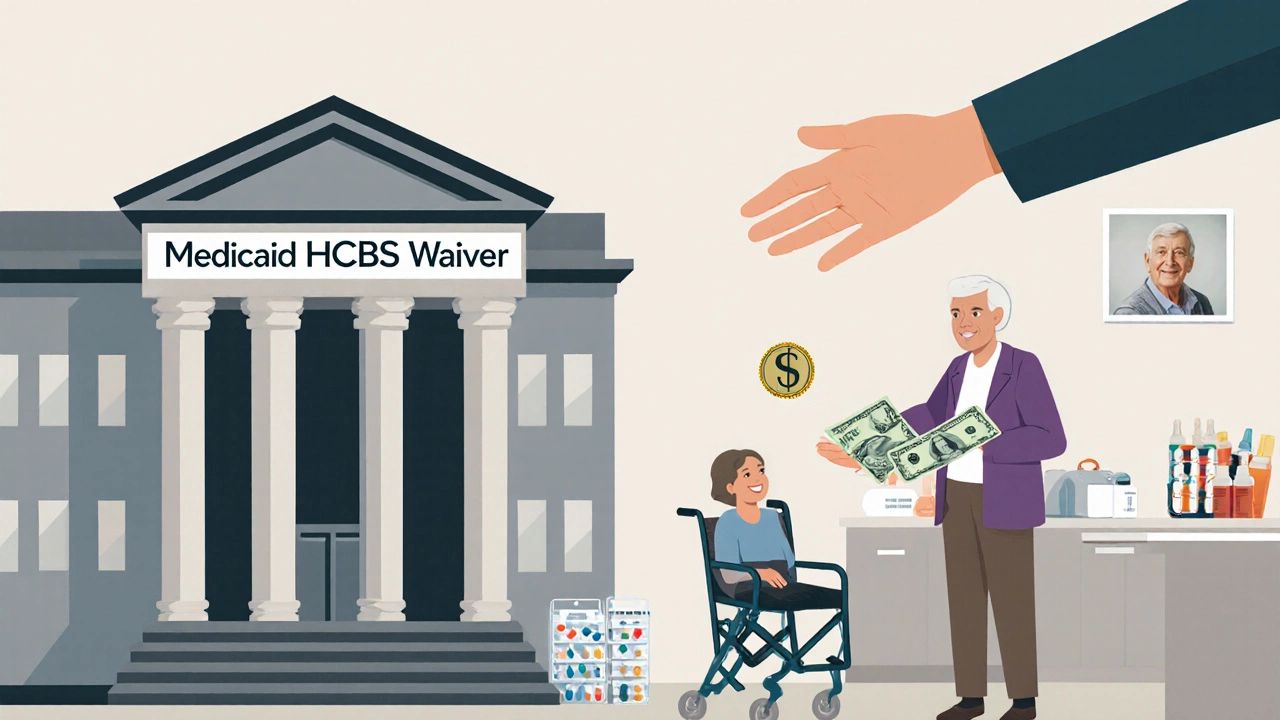 Family caregiver receiving a paycheck from a government program while surrounded by care essentials.