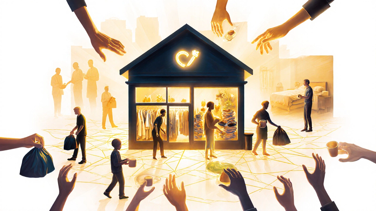 Glowing hands forming a charity shop shape, symbolizing community support and impact.