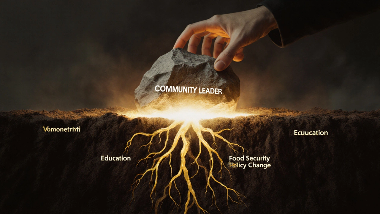 Hand lifting a stone labeled &#039;Volunteer&#039; to reveal a glowing foundation of community impact.