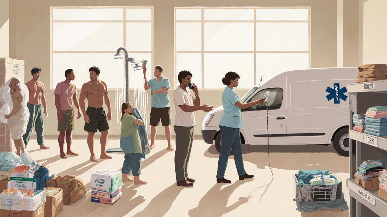 Individuals using showers and laundry services at the Richmond Center for the Homeless during the day.