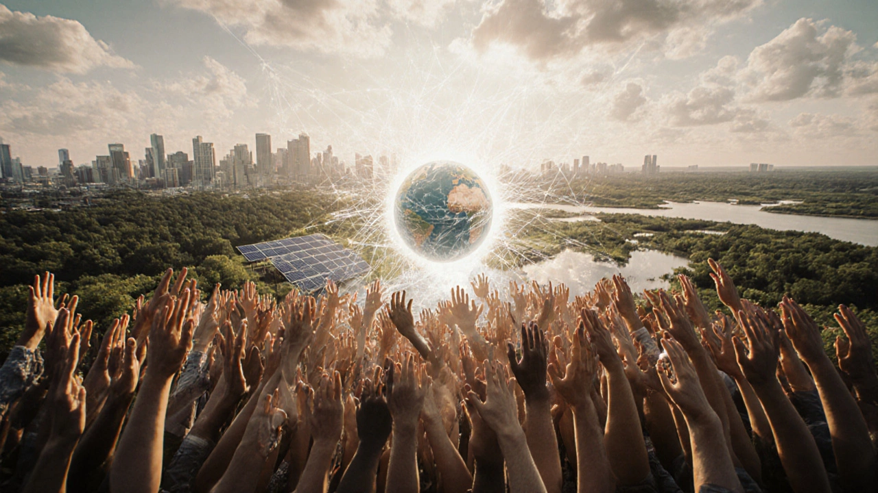 Millions of hands forming a light network connecting nature and cities to a globe.