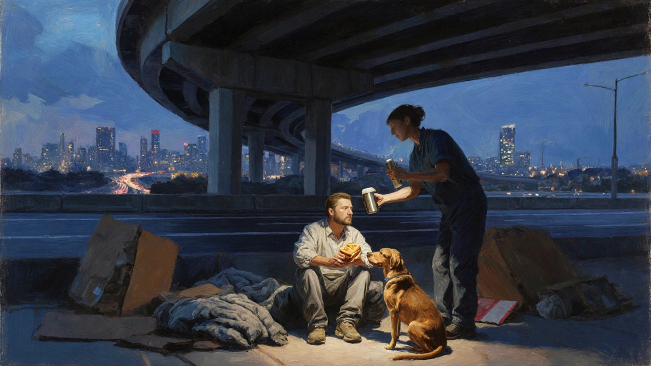 Outreach worker offering coffee and food to a homeless person with their dog under a highway overpass.