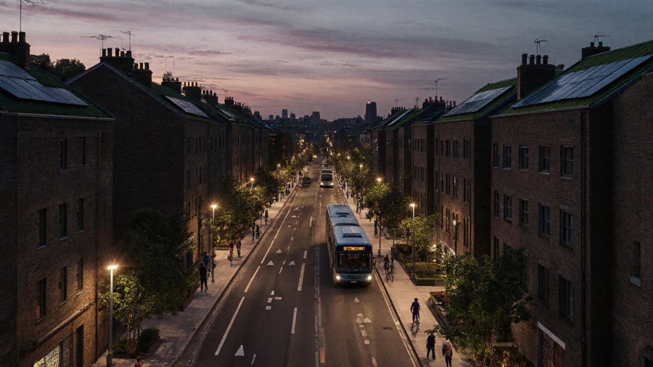 Sustainable British city street with bike lanes, green roofs, and pedestrians at dusk.